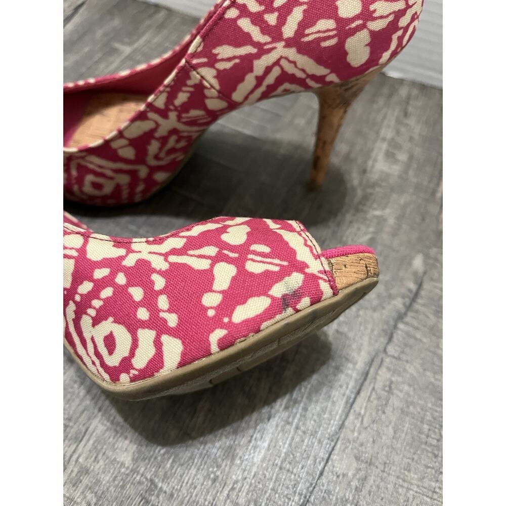 CHRISTIAN SIRIANO Women’s Pink & White Ikat Canvas & Cork Peep Toe Pump Heel 7.5 - Picture 8 of 8